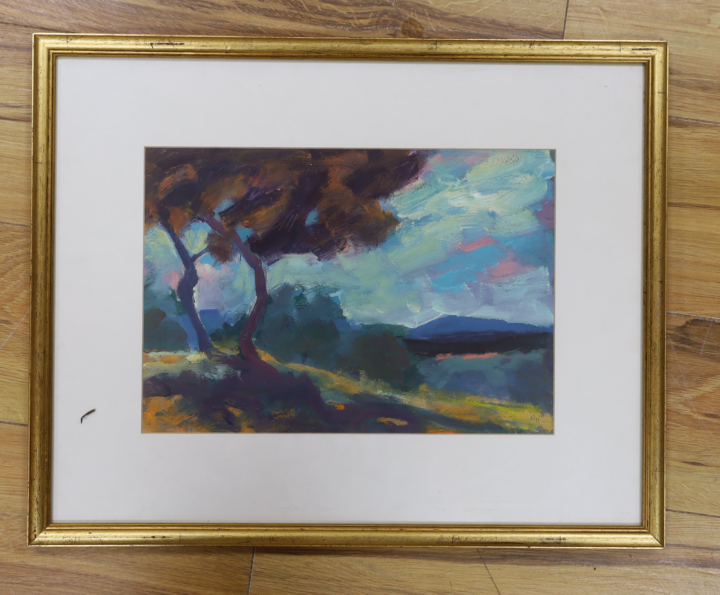 Robin Holtom (b.1944), oil on paper, Trees in a landscape, initialled, Star Gallery of Lewes 2004 Exhibition label verso, 23 x 33cm